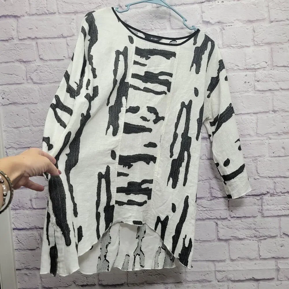 Ali‎ Miles Linen Blend Tunic Top Sz S Artsy Abstract Animal Print Gallery Luxe